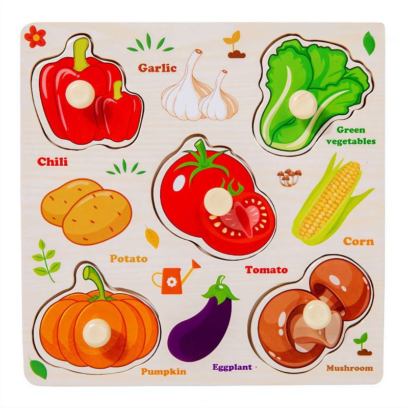 Toddler Wooden Peg Puzzle Toys for Age 2-4 3-5 Year Old Boys Girls,Educational Learning Sensory Toy,Animals, Traffic,Farm,Ocean, Vegetable,Insect Great Preschool for Girls Boys (Vegetable) - Image 1